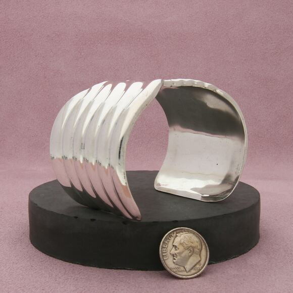 taxco mexico sterling silver vintage ribbed cuff bracelet size 6.75in - Picture 2 of 3